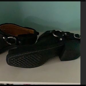 FRYE black leather belted harness mule